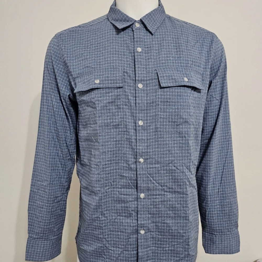 prAna Men's Large Blue Plaid Long Sleeve Performance Button Up Shirt